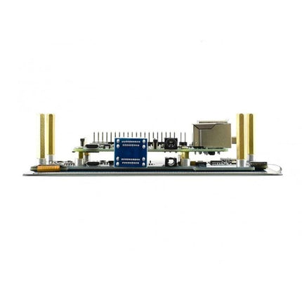 Waveshare 5.5 Inch Capacitive AMOLED Touch Screen with Glass Cover mounted on Raspberry Pi via standoffs, side view showing ports and connectors