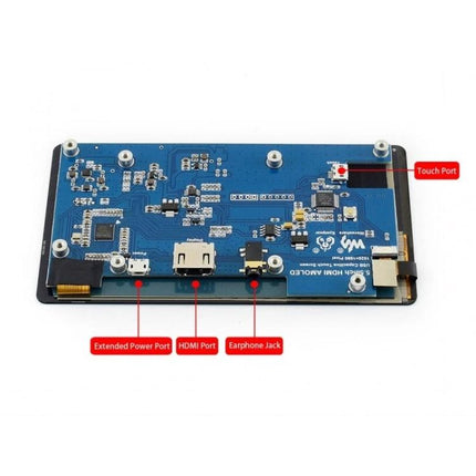 Waveshare 5.5 Inch Capacitive AMOLED Touch Screen with Glass Cover showing rear PCB, HDMI, power and earphone ports