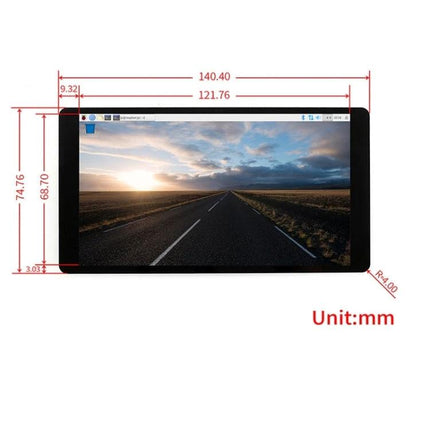 Waveshare 5.5 Inch Capacitive AMOLED Touch Screen with Glass Cover - front view with dimensions and Raspberry Pi desktop shown