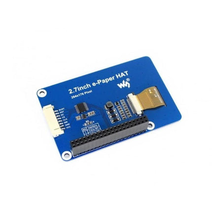 Waveshare 2.7 Inch E-Ink HAT for Raspberry Pi Low Power Display showing blue 264x176 SPI e-paper HAT with GPIO header