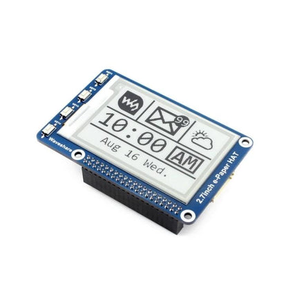 Waveshare 2.7 Inch E-Ink HAT for Raspberry Pi Low Power Display showing 264x176 monochrome screen with icons and time, SPI interface, low-power e-paper