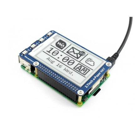 Waveshare 2.7 Inch E-Ink HAT for Raspberry Pi Low Power Display showing 264x176 SPI e-paper with clock, icons, and GPIO HAT connection