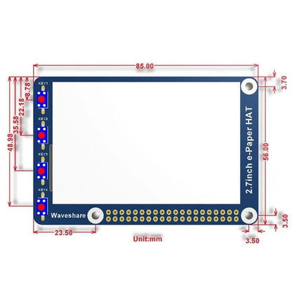 Waveshare 2.7 Inch E-Ink HAT for Raspberry Pi Low Power Display showing PCB layout, mounting holes, SPI pin header and dimensions (264x176)