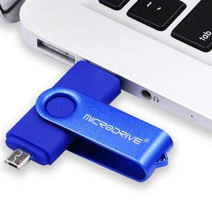 Compact 32GB USB Drive for Phone and Computer File Transfer - blue rotating dual-use USB with micro-USB and USB-A plugged into laptop
