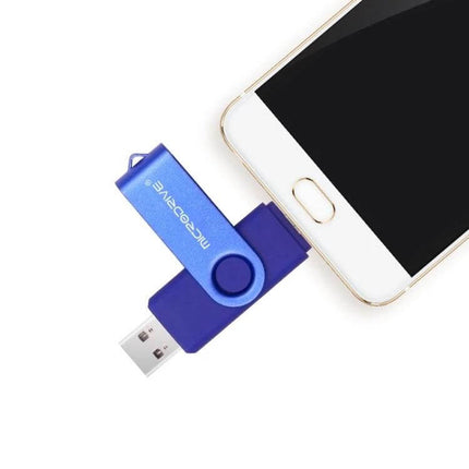 Compact 32GB USB Drive for Phone and Computer File Transfer - blue dual-use rotating drive plugged into smartphone for quick photo and document backup