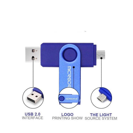 Compact 32GB USB Drive for Phone and Computer File Transfer - blue rotating dual USB 2.0 and micro USB plug-and-play for photo backup and file transfer