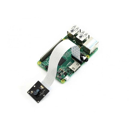 Waveshare 5 Megapixel Fixed-Focus Camera for Raspberry Pi attached to Raspberry Pi board with ribbon cable, ideal for monitoring and robotics projects
