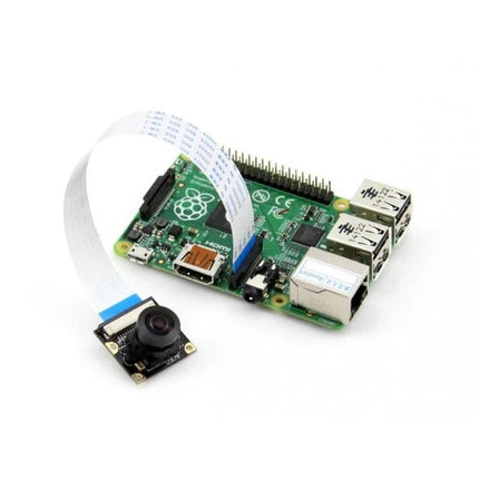 Waveshare Fisheye Camera Module for Raspberry Pi Projects connected to Raspberry Pi board showing wide-angle lens and ribbon cable