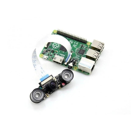 Waveshare Raspberry Pi Fisheye Camera Module for Night Vision mounted with Raspberry Pi board showing wide-angle lens and IR LEDs for low-light projects