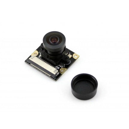 Waveshare Raspberry Pi Fisheye Camera Module for Night Vision shown with removable lens cap and board for night-ready wide-angle projects