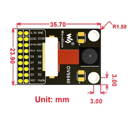 Waveshare Camera Module for Everyday Image Capture Projects - top view OV5640 5MP board with pin labels and dimensions (35.7x23.9mm)