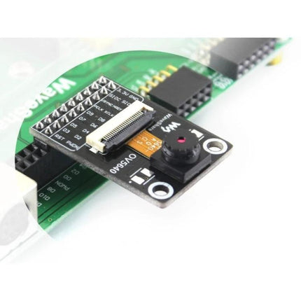 Waveshare Camera Module for Everyday Image Capture Projects showing a 5MP camera board connected to a green adapter for Raspberry Pi DIY projects