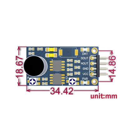 Waveshare Sound Sensor for Ambient Detection and Audio Tasks compact module with LM386 amplifier, pin labels DAT DOUT AOUT GND VCC, PCB dimensions (mm)