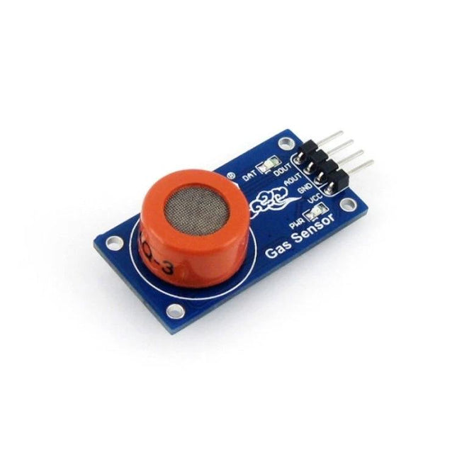 Waveshare Gas Sensor for Alcohol and Ethanol Detection in Air - blue sensor module with orange gas sensing head and 4-pin header