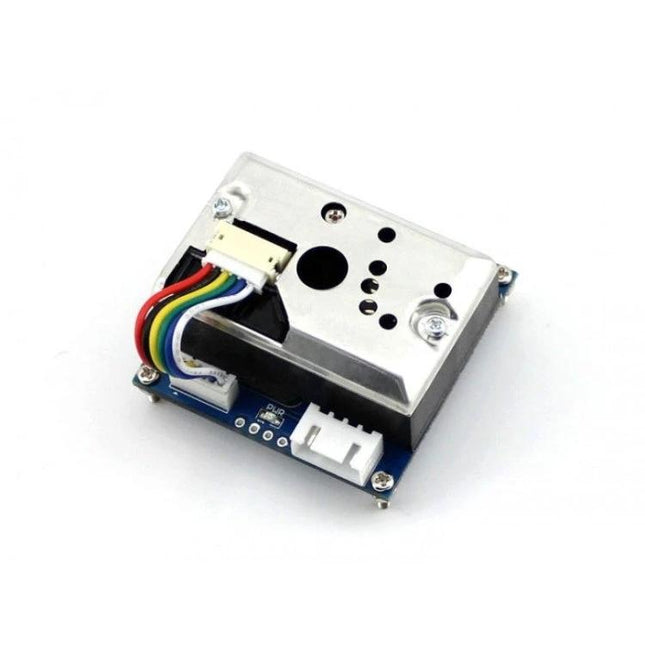Waveshare Dust Sensor for Detecting Fine Airborne Particles mounted PCB with multicolor cable, metal housing and connector for PM2.5 air quality monitoring