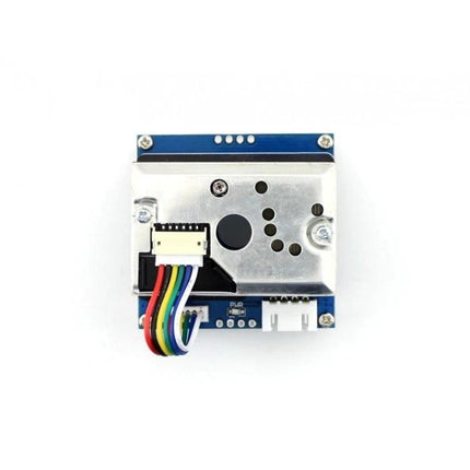 Waveshare Dust Sensor for Detecting Fine Airborne Particles - top view of sensor module with metal housing and rainbow cable for PM2.5 monitoring