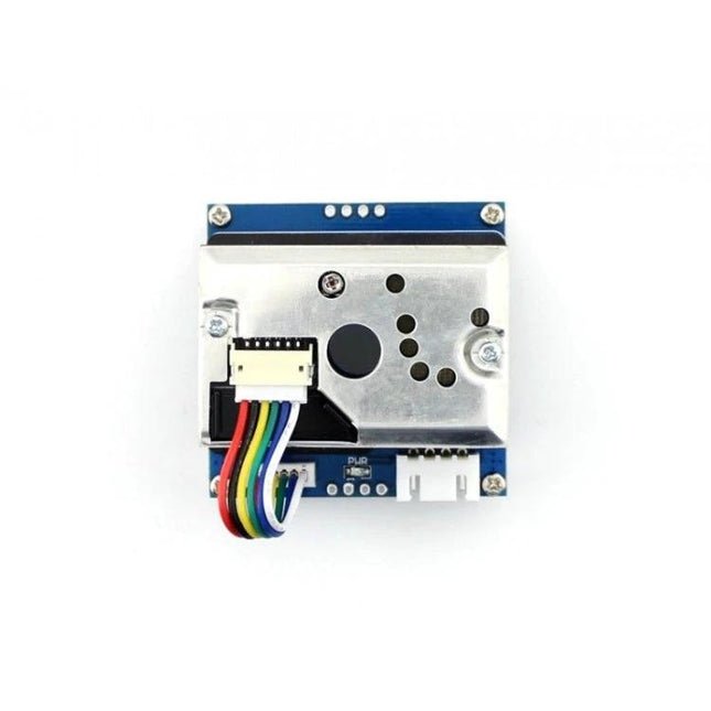 Waveshare Dust Sensor for Detecting Fine Airborne Particles - top view of sensor module with metal housing and rainbow cable for PM2.5 monitoring