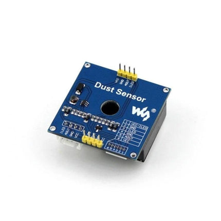 Waveshare Dust Sensor for Detecting Fine Airborne Particles mounted blue PCB module for PM2.5 monitoring and air quality projects