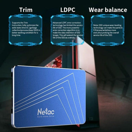 Netac N600S 1TB Solid State Drive for Reliable Storage Needs - blue Netac SSD shown with Trim, LDPC, Wear Balance features