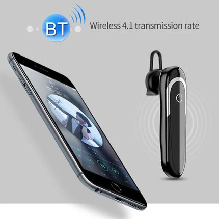 Moloke Hanging-Ear Bluetooth Headphones For Commuting black Bluetooth earpiece shown next to smartphone, wireless 4.1