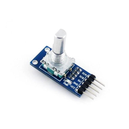 Waveshare Rotation Sensor for Detecting Clockwise and Anti-Clockwise Rotations on blue PCB with metal shaft and 4-pin header for industrial position tracking
