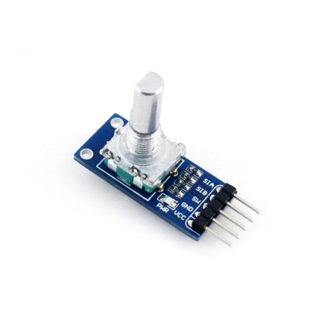 Waveshare Rotation Sensor for Detecting Clockwise and Anti-Clockwise Rotations on blue PCB with metal shaft and 4-pin header for industrial position tracking