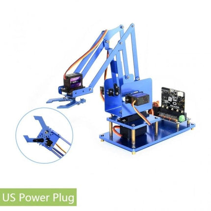 Waveshare Metal Robot Arm Kit for Micro:Bit Learning Projects — blue 4-DOF metal robotic arm assembled with Micro:Bit board and servos, educational kit
