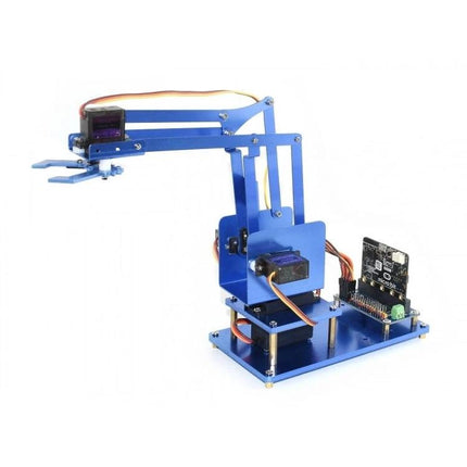 Waveshare Metal Robot Arm Kit for Micro:Bit Learning Projects - assembled 4-DOF blue metal robotic arm with Micro:Bit controller