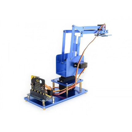 Waveshare Metal Robot Arm Kit for Micro:Bit Learning Projects assembled blue 4-DOF robotic arm with Micro:Bit controller and servos