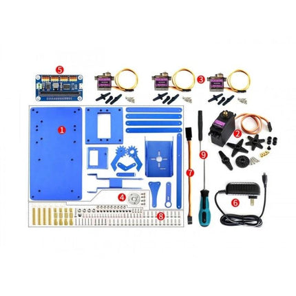 Waveshare Metal Robot Arm Kit for Micro:Bit Learning Projects unassembled metal parts servos controller and power adapter laid out for educational robotics