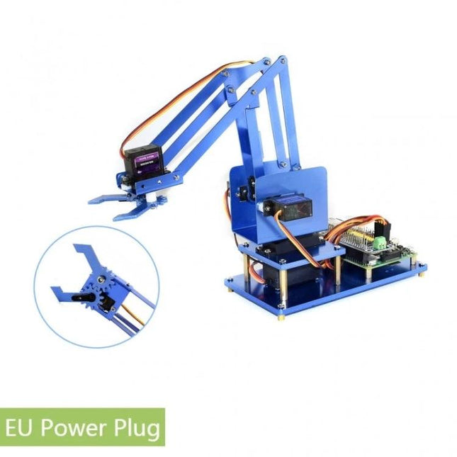 Waveshare 4-DOF Metal Robot Arm Kit for Raspberry Pi Exploration with metal arm, four servos and servo driver HAT on base (EU power plug)