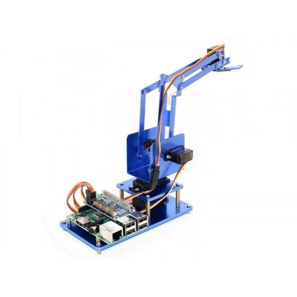 Waveshare 4-DOF Metal Robot Arm Kit for Raspberry Pi Exploration with servo driver HAT, four metal gear servos and assembled blue metal arm on Raspberry Pi