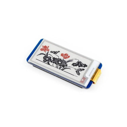 Waveshare 2.13 Inch Three-Color E-Ink Display for Raspberry Pi showing floral sample image on low-power three-color HAT