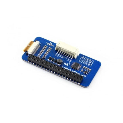 Waveshare 2.13 Inch Three-Color E-Ink Display for Raspberry Pi HAT board shown from angle, low-power three-color e-ink connector and GPIO header