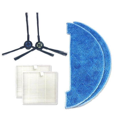 ILIFE V8S Replacement Side Brushes, Filters and Cleaning Rag Kit showing two side brushes, two HEPA filters and two blue microfiber mops