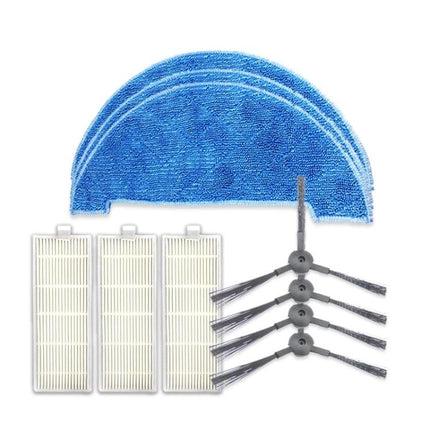 ILIFE A4 Robot Replacement Side Brushes, Rags, and Filters Kit with blue rags, HEPA filters, and side brushes for maintenance