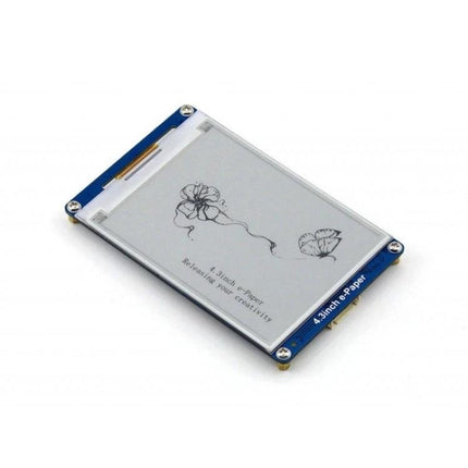 Waveshare 4.3 Inch Electronic Paper Display Module showing e-ink screen with floral demo image and serial-interface blue PCB
