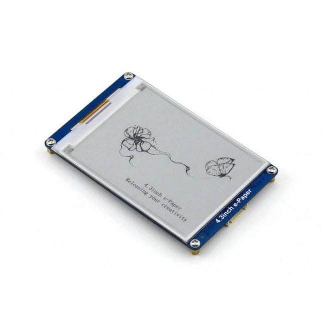 Waveshare 4.3 Inch Electronic Paper Display Module showing e-ink screen with floral demo image and serial-interface blue PCB