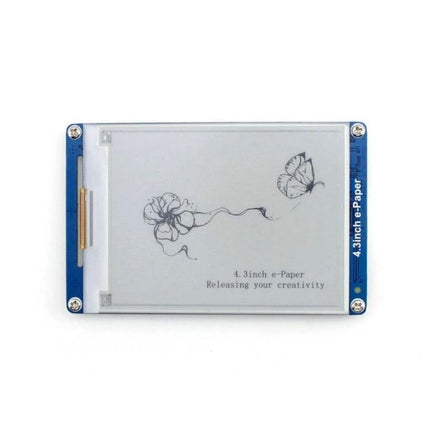 Waveshare 4.3 Inch Electronic Paper Display Module showing e-ink screen with floral illustration and serial interface board