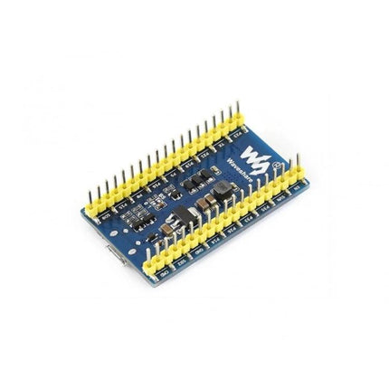 Waveshare Universal e-Paper Driver Board with Wireless Connectivity showing ESP32-based blue PCB with dual yellow header pins for IoT and e-paper displays