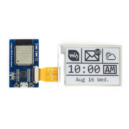 Waveshare Universal e-Paper Driver Board with Wireless Connectivity showing ESP32 board connected to small e-paper display with icons and time