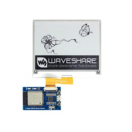 Waveshare Universal e-Paper Driver Board with Wireless Connectivity showing ESP32 board and e-paper panel for wireless IoT displays