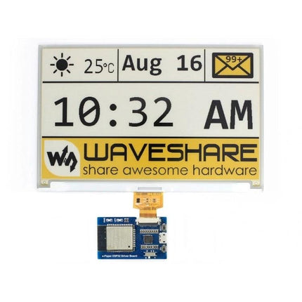 Waveshare Universal e-Paper Driver Board with Wireless Connectivity showing e-ink display clock, date, weather icon and onboard ESP32 module