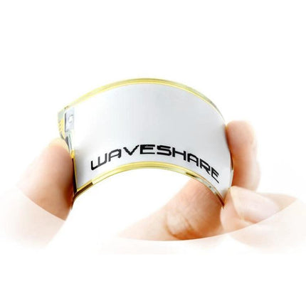 Waveshare 2.13 Inch Flexible Black and White E-Ink Display showing curved 2.13" flexible e-ink module held between fingers, compact wearable-ready screen