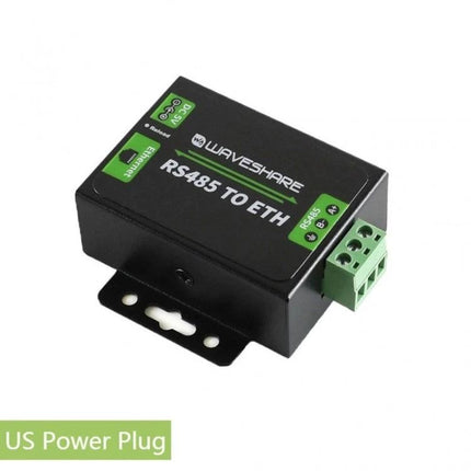 Waveshare RS485 to Ethernet Converter with US Plug Adapter - black metal RS485 to ETH gateway for industrial sensor and machinery integration