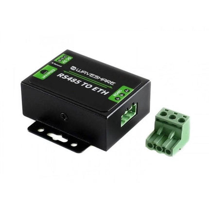 Waveshare RS485 to Ethernet Converter with US Plug Adapter black box device showing RS485 terminal and green removable connector