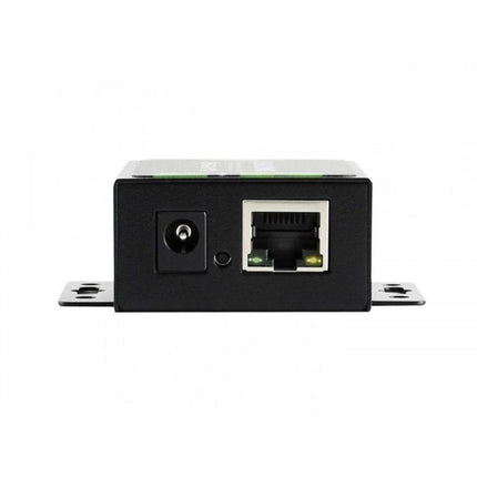 Waveshare RS485 to Ethernet Converter with US Plug Adapter front view showing DC jack and RJ45 Ethernet port