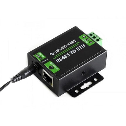 Waveshare RS485 to Ethernet Converter with US Plug Adapter black metal RS485-to-Ethernet gateway showing RJ45, terminal block and US power plug