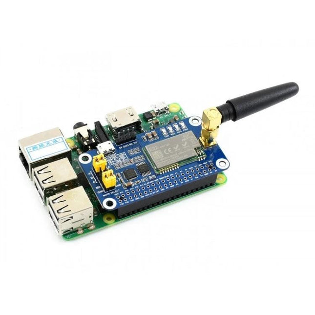 Waveshare LoRa HAT for Raspberry Pi with 433MHz Frequency mounted on Raspberry Pi showing SX1268 module and antenna for long-range IoT