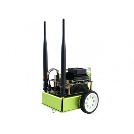 Waveshare JetBot AI Kit for DIY Smart Robot Projects small green two-wheeled autonomous robot with Jetson Nano and dual antennas